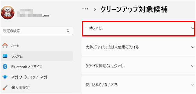 クリーンアップ対象候補画面