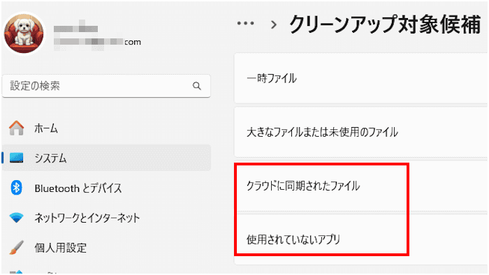 クリーンアップ対象候補画面