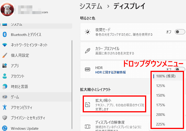 Windows 11のディスプレイ設定画面