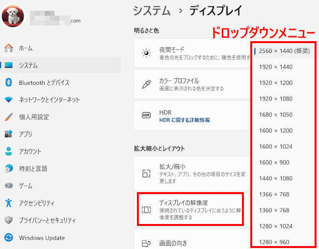 Windows 11のディスプレイ設定画面