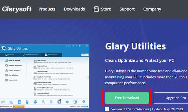 フリーソフトGlary Utilitiesのダウンロード画面