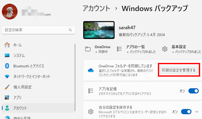 Windowsバックアップの画面