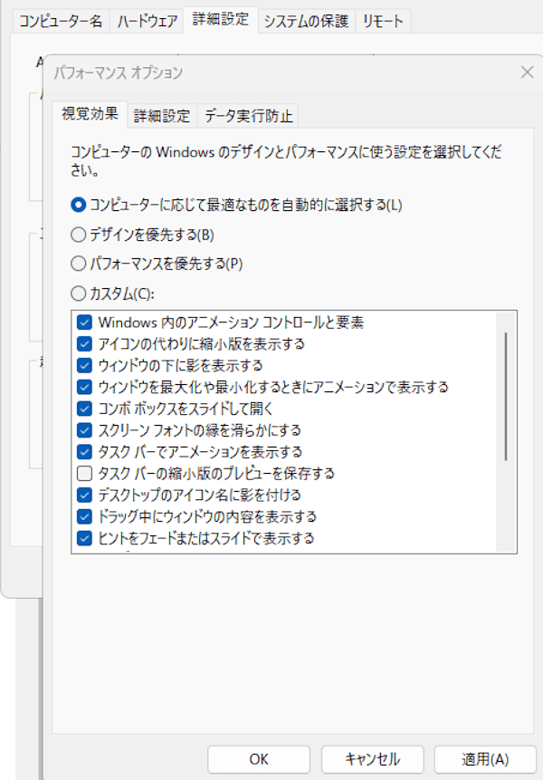 Windows11のパフォーマンスオプション設定画面