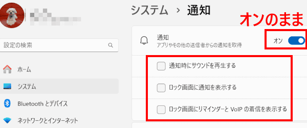 Windows11の通知設定画面