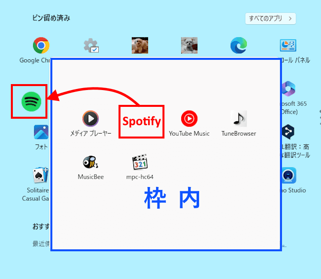 Windows11のスタートメニュー画面