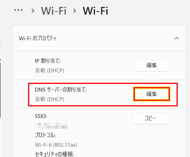 Wi-Fi1のDNS設定画面