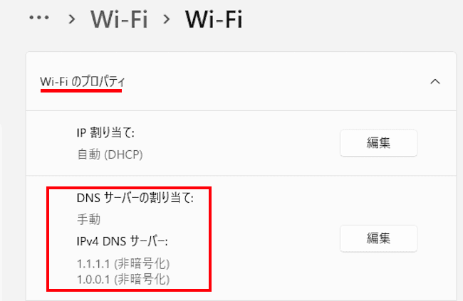 Windows11のDNS設定画面