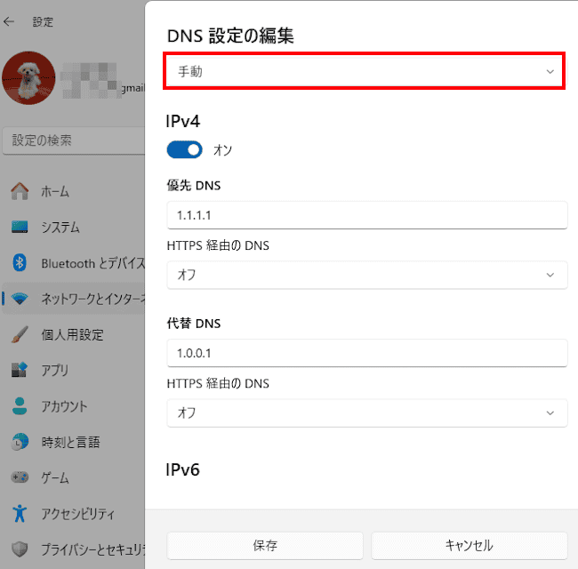 Windows11のDNS設定画面