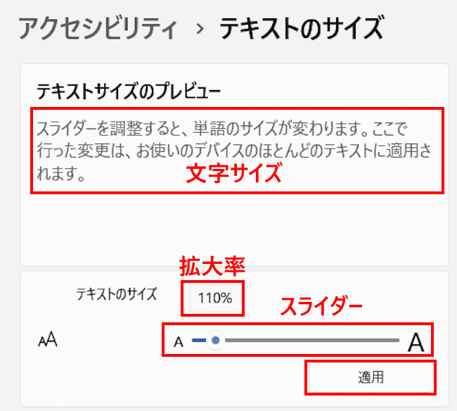 Windows11の文字サイズ変更画面