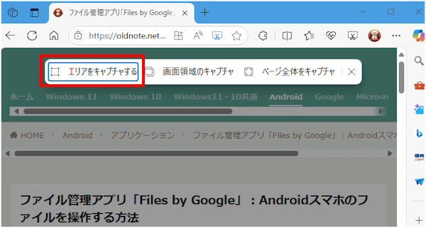 Edgeによるスクリーンショット画面
