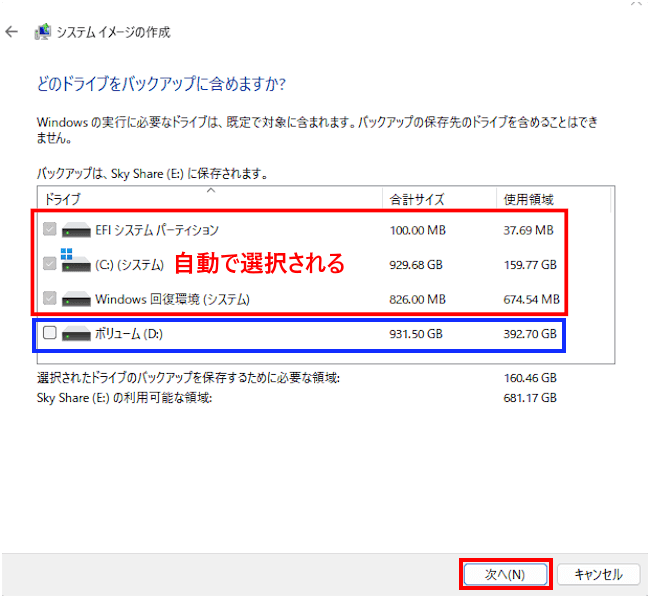 Windows 11のシステムイメージ作成画面