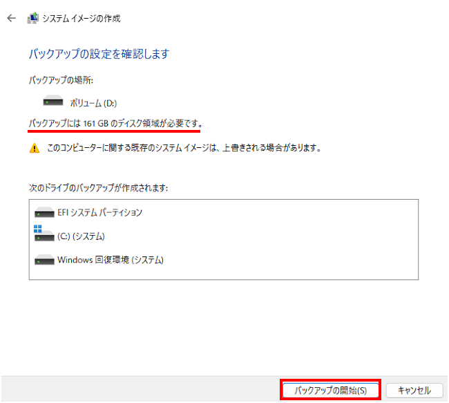 Windows 11のシステムイメージ作成画面