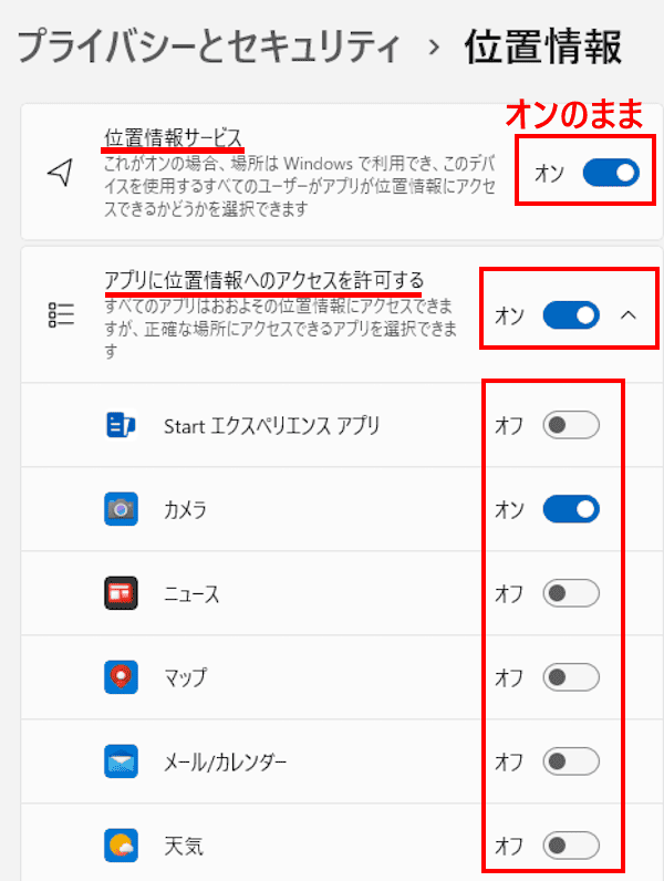 Windows 11のプライバシー設定画面