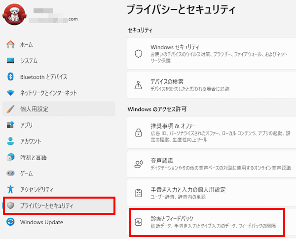 Windows 11のプライバシー設定画面