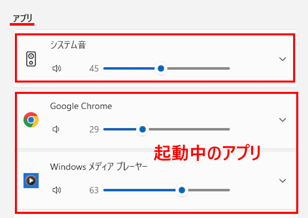Windows 11の音量調整画面