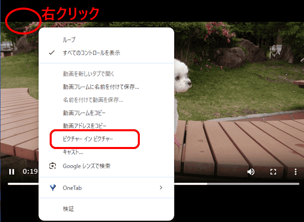 ピクチャインピクチャの設定画面