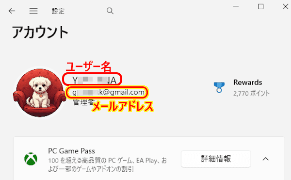 Windows 11のアカウントを確認する画面
