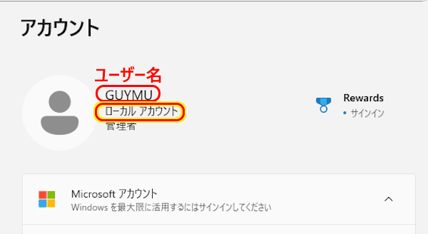 Windows 11のアカウントを確認する画面