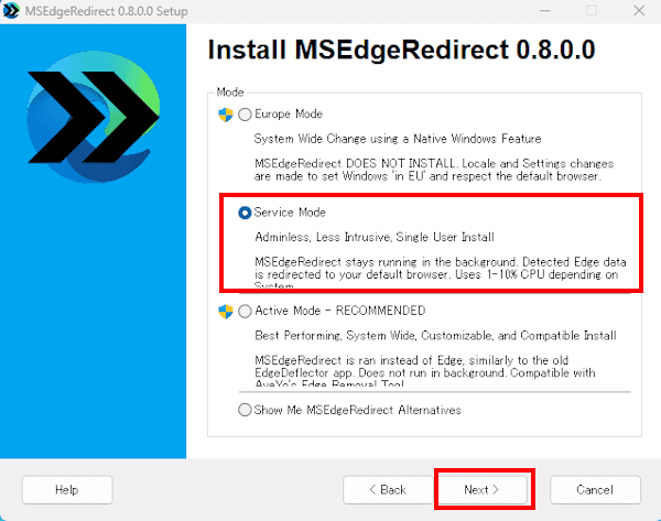 MSEdgeRedirect の使い方画面