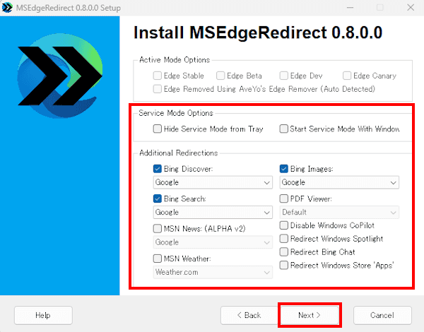 MSEdgeRedirect の使い方画面