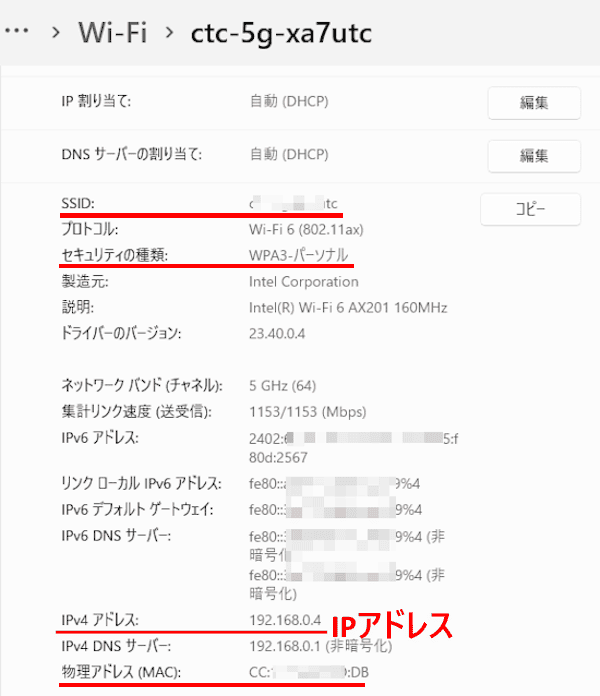 Windows 11のネットワーク情報確認画面