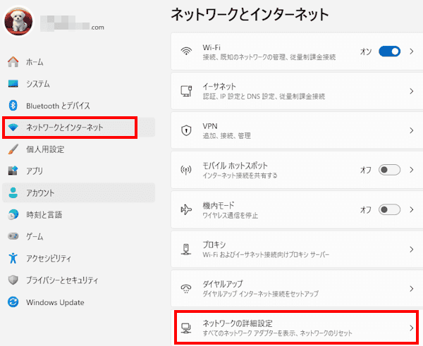 Windows 11のネットワーク情報確認画面