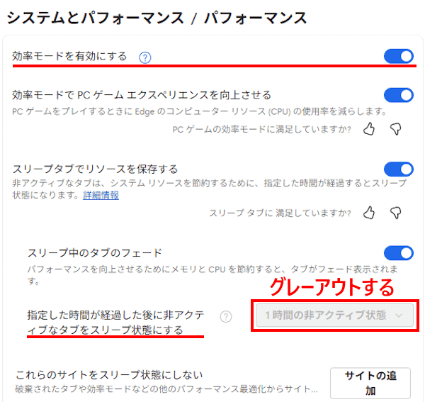 Edgeのパフォーマンス設定画面