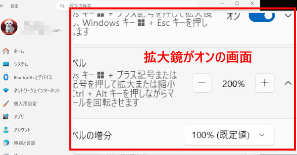 Windows 11の拡大鏡の使い方画面