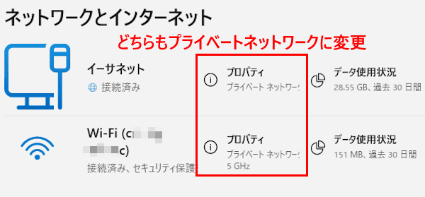 Windows 11のネットワークプロファイル設定画面