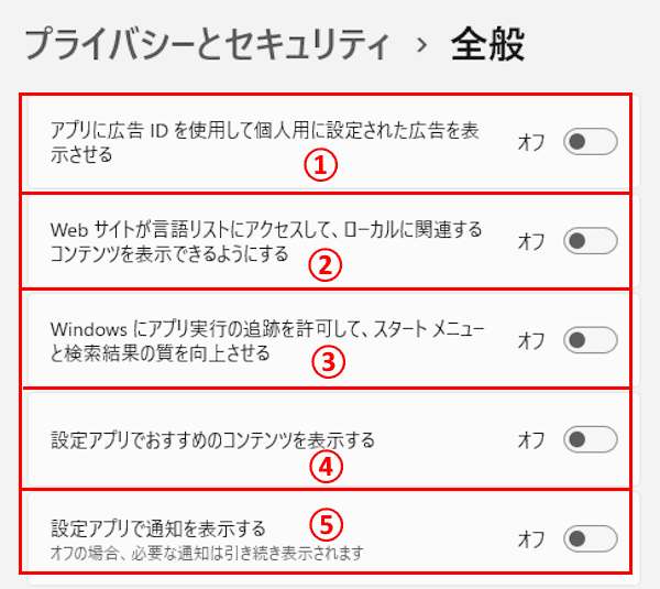 Windows 11のプライバシーを設定する画面
