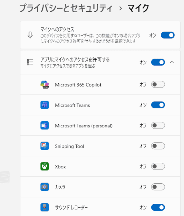 Windows 11のプライバシー設定画面