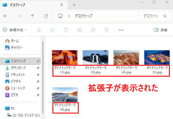 Windows 11の拡張子表示画面