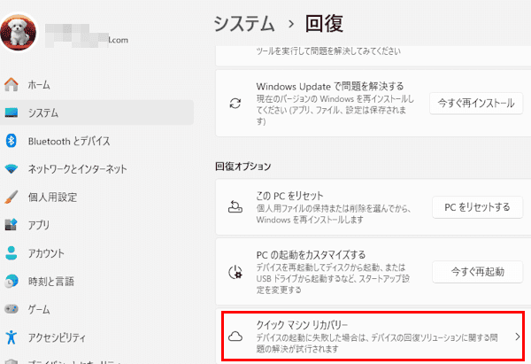 クイックマシンリカバリーの設定画面