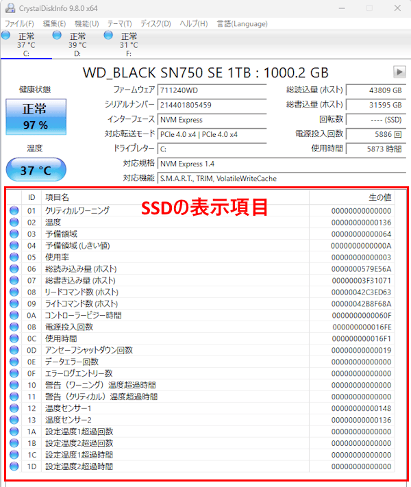 CrystalDiskInfoの使い方画面