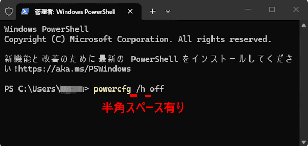Windows 11の休止状態設定画面