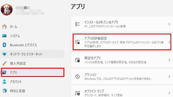 Windows 11のアプリ設定画面