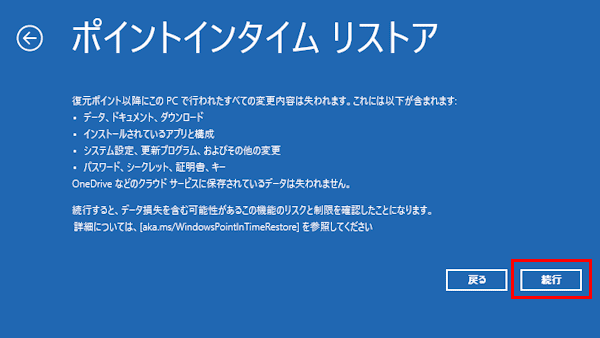 ポイントインタイム リストアの使い方画面